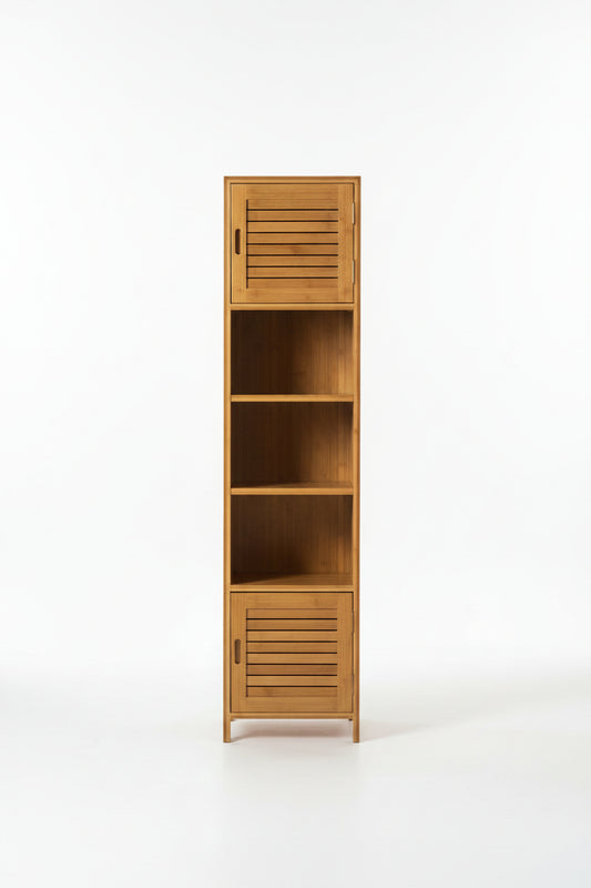Wooden cabinet with slatted doors on a white background