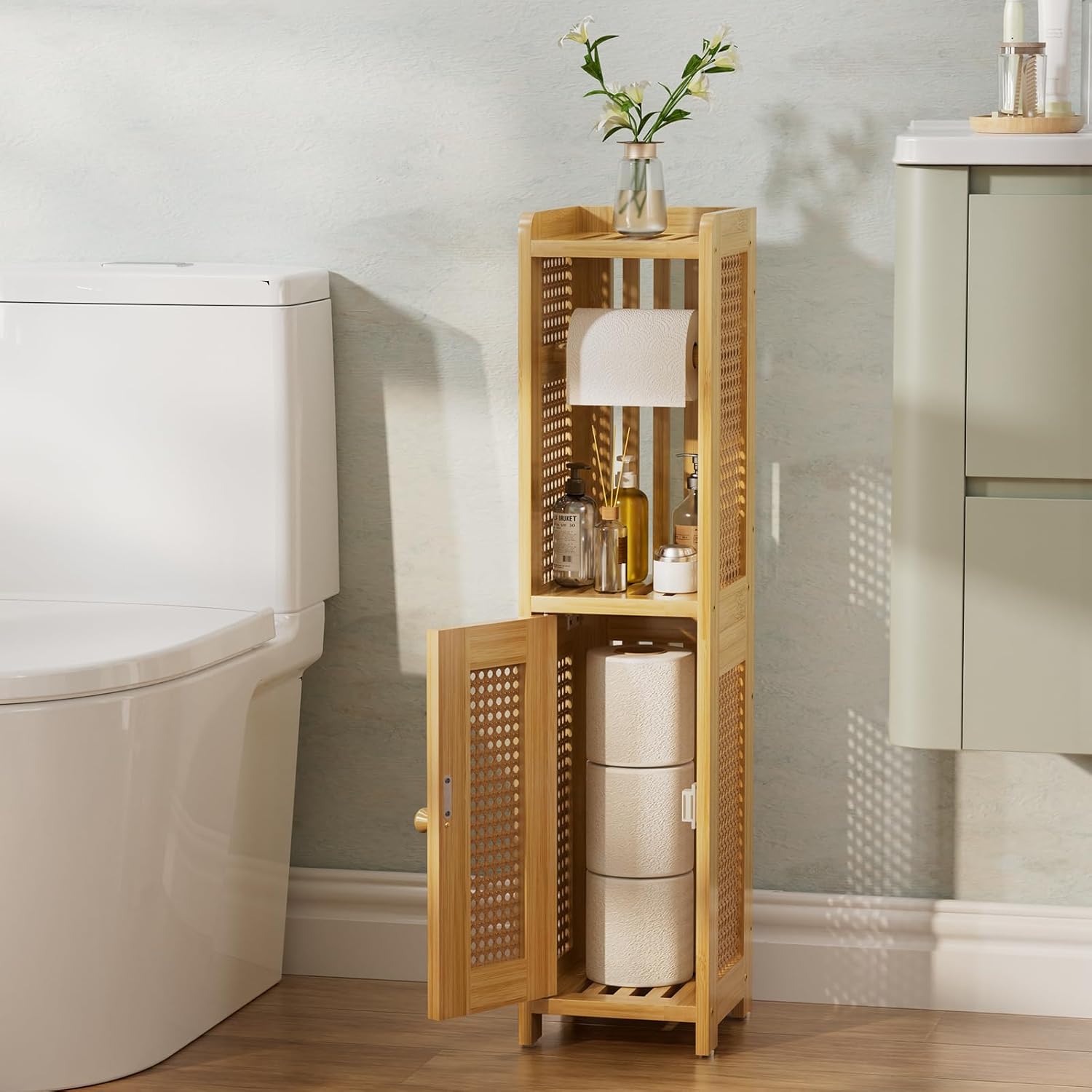 AmazerBath Toilet Paper Holder Cabinet, Bamboo Toilet Paper Holder Stand for Bathroom, Small Toilet Paper Storage Cabinet with Rattan Door, 30.3x7.8x7 inches